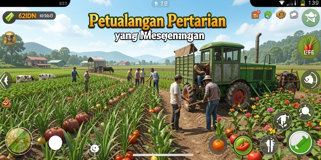 Screenshot gameplay yang menampilkan ladang yang subur dan penuh tanaman.