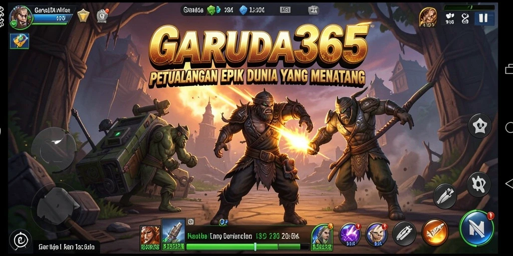 Screenshot menunjukkan pemain menjelajahi dunia fantasi dalam GARUDA365.