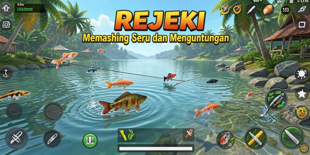 Screenshot gameplay REJEKI menampilkan pemain menangkap ikan besar di laut.
